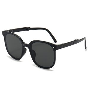 Black folding polarized square sunglasses, unfolded three-quarter view